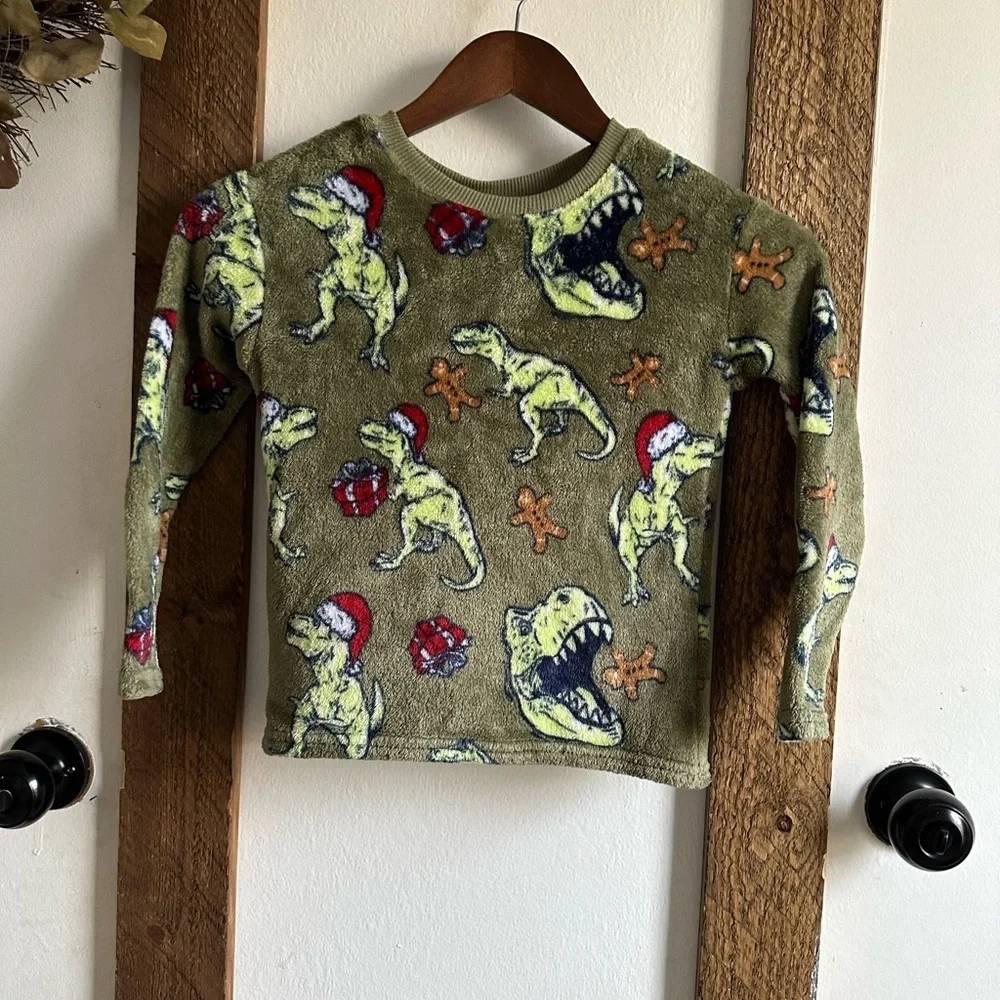 Cat & Jack Dinosaur Christmas Fleece Cozy Pullover EUC XS (4/5) So soft